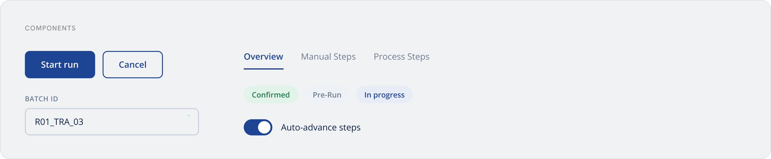 Cellares components — buttons, tabs, status chips, batch field