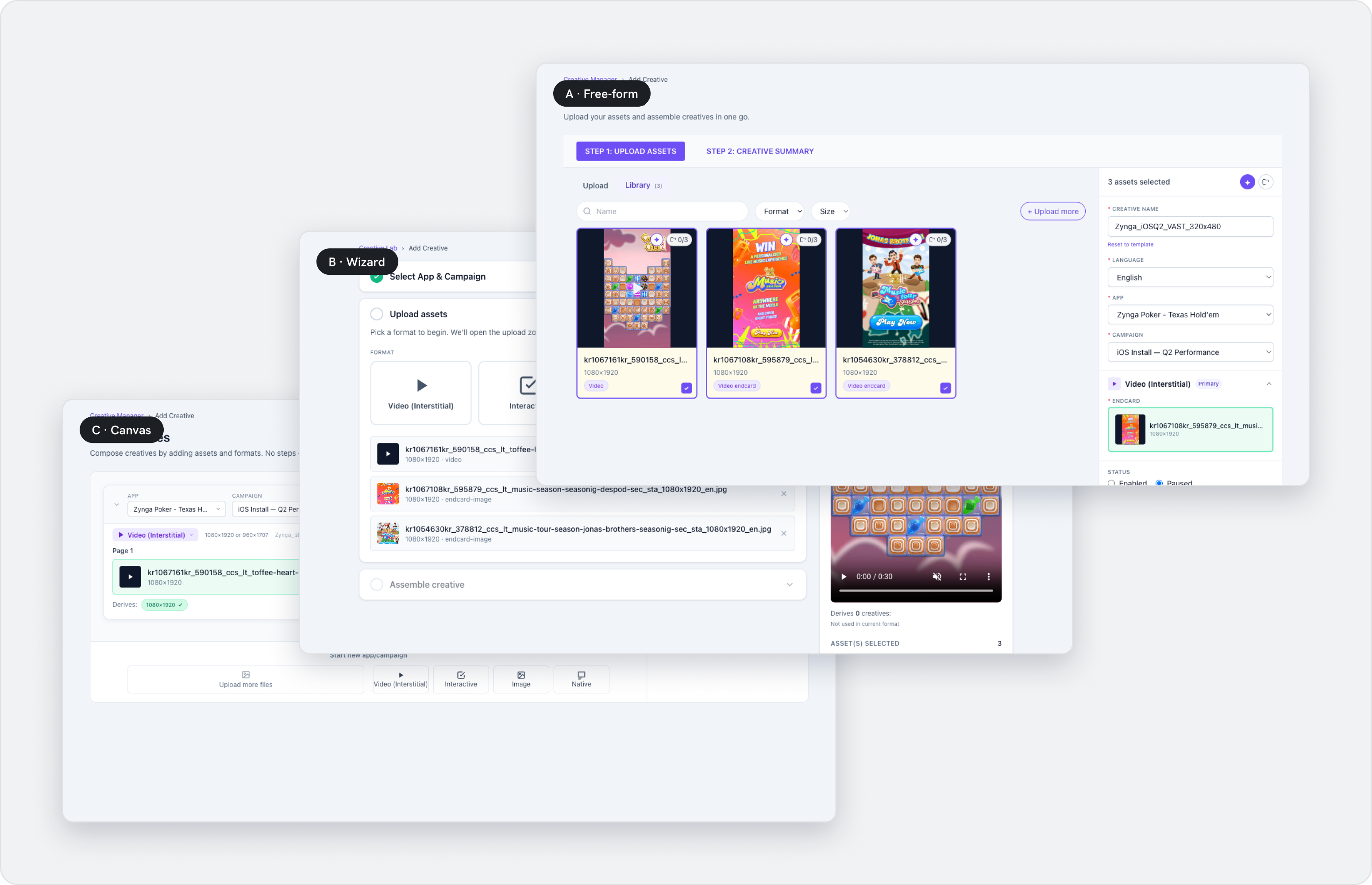Three uploader prototypes — free-form, wizard, canvas
